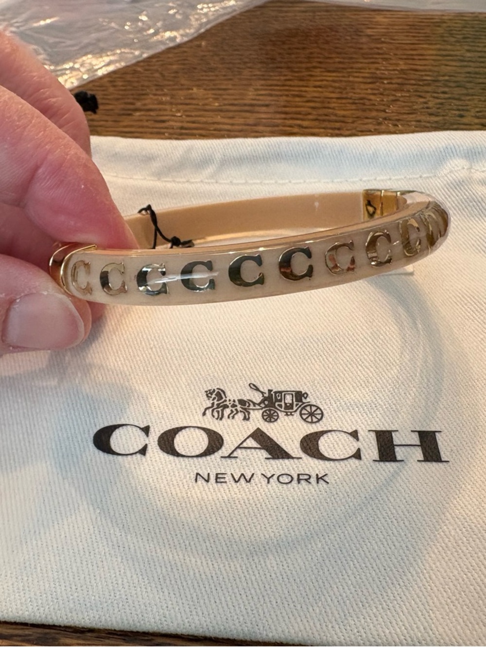 COACH Cream Leather Bangle with Gold-Tone C Motif